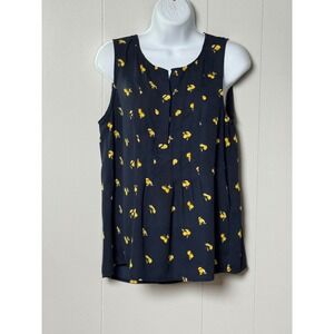Banana Republic Women's Navy Blue Lemon Print Pleated Sleeveless Blouse Sz Small